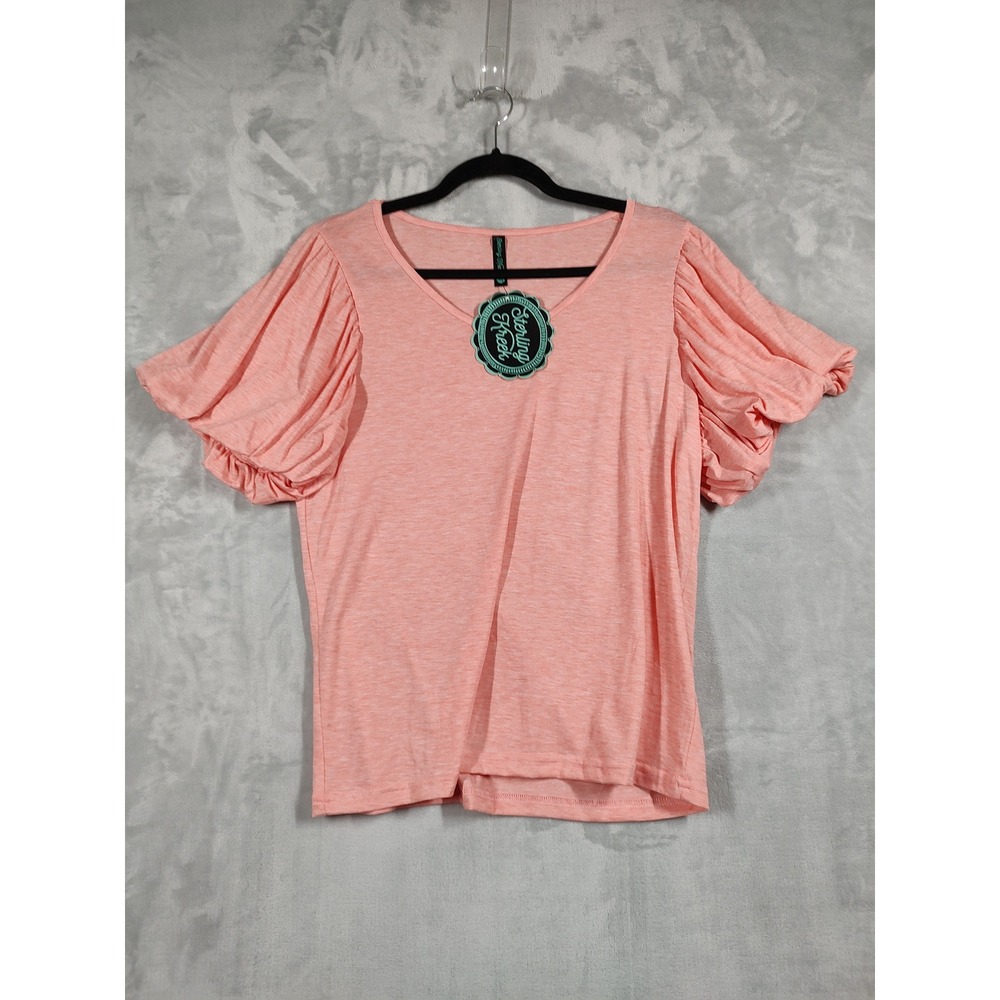 Sterling Kreek Womens Coral Pink Puff Sleeve V-Neck Heathered Knit Top XS NEW